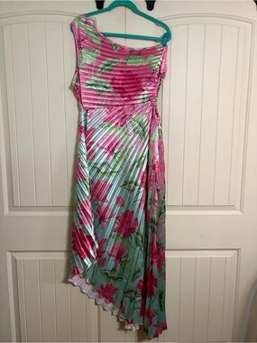Sunfere One-Shoulder Floral Pleated Midi Dress in Pink & Mint Side Cutout